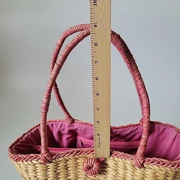 Vintage Handmade Floral Embroidered Straw Tote Bag Beach Mod Resort Retro - Picture 15 of 16